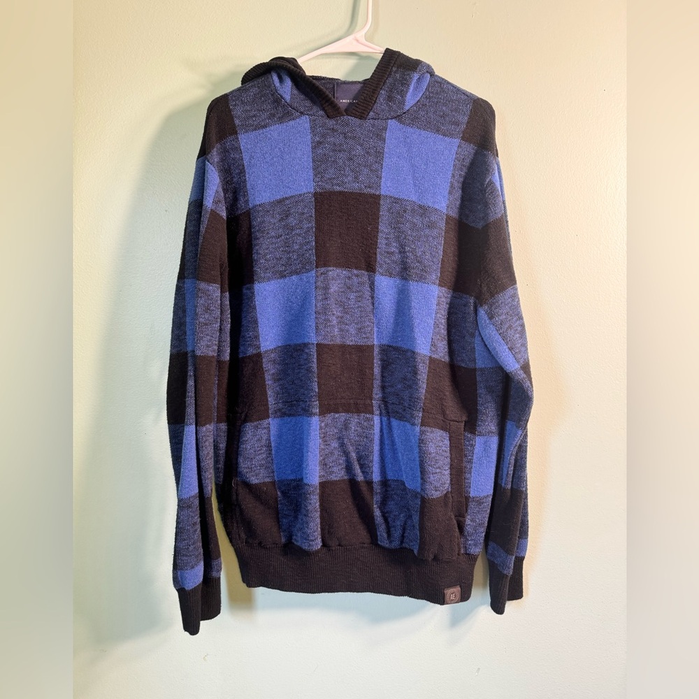 Men’s American Eagle, blue & black plaid hooded sweater. Large Tall .